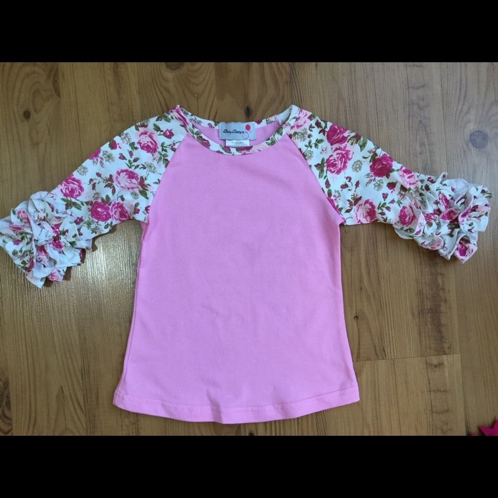 Girls pink floral, ruffled top sizes 2T thru 7